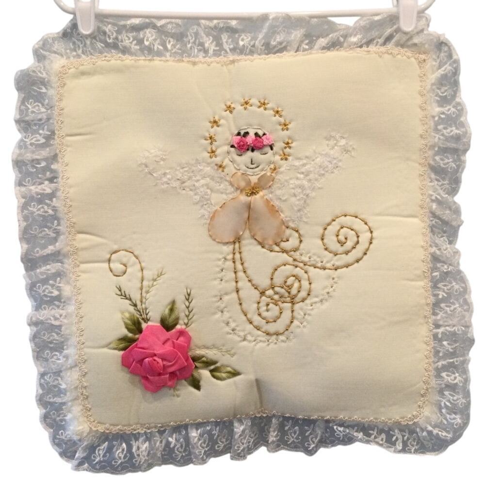 Vtg Handmade Square Pillow Cover Shabby Rose White Pink Angel Lace Valentine Day